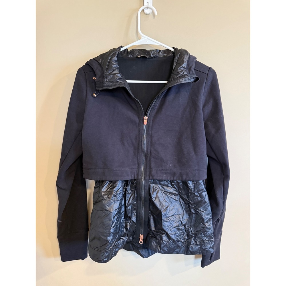 Athleta Black Quilted Puffer Mix Hoodie Jacket XS Full‎ Zip Athleisure